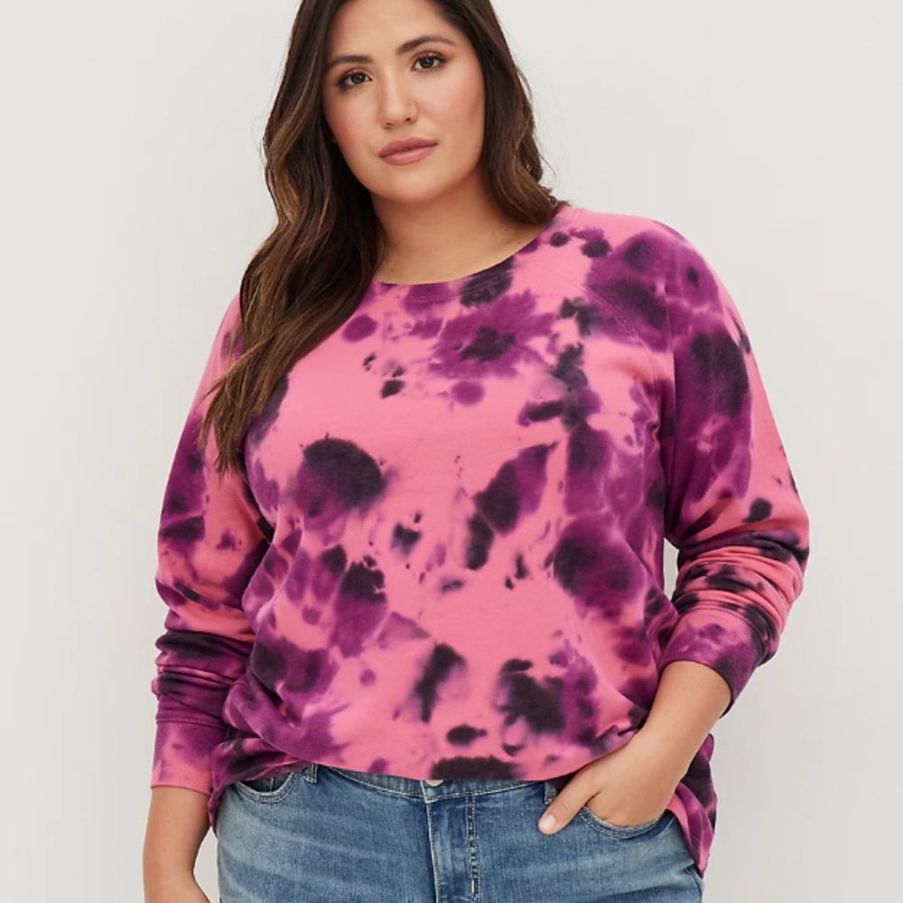 Torrid  FLEECE CREW NECK RAGLAN TUNIC SWEATSHIRT Pink Tie Dye size 1
